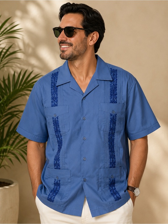 Omega Other - Omega Italy Guayabera Shirt XL Blue Embroidered Camp Collar 4 Pocket NWT Men